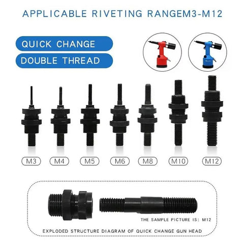 Air-Hydraulic Rivet Nut Gun With 19.1 Kilonewtons Working Tension nozzle dies and M3-M12 size specifications chart