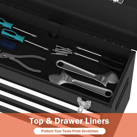 Beefy Heavy Duty 3 Drawer Metal Toolbox With Top Storage Tray And Carrying Handle Portable Steel Tool Chest open with tools