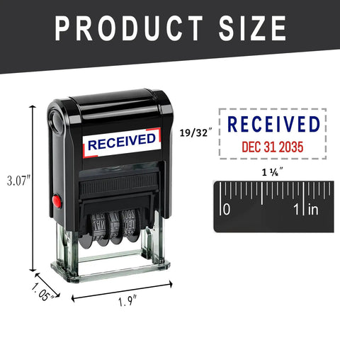 Premium Self Inking Date Stamp With Blue And Red Ink Perfect For Received Docs features size details, showing height 3.07" and width 1.9".