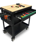 Rolling Tool Cart With 3-Tier Workshop Storage, black metal frame, wooden top workbench, tools visible, on wheels, drawer open