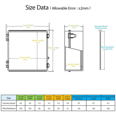 Size data diagram for IP67 Waterproof ABS Plastic Junction Box With Clear Hinged Cover And Stainless Steel Latch, Heavy Duty Electrical Enclosure.