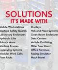 Image showcasing various solutions including Mobile Workstations, Laboratory Enclosures, and Office Furniture.