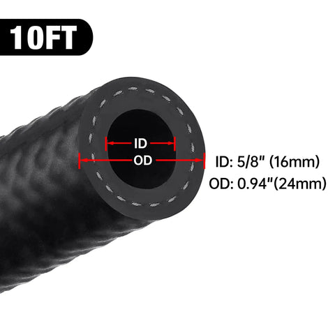 Diagram of 5/8 Inch Fuel Hose Push Lock NBR Rubber SAE 30R7 10 Ft Long 150 Psi Working Pressure showing inner and outer diameter