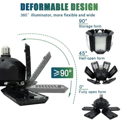 2 Pack LED Garage Lights With Six Plus One Adjustable Panels 160W 16000LM 6500K Daylight Ceiling Shop Light For Basement Workshop Attic Perfect For Bright Garage And Workbench Areas showing deformable panel design with 360-degree illumination.