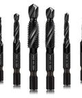 Front view: six-piece HSS drill/tap bit set with anti-rust coating; SAE sizes 6-32 to 1/4-20, 1/4in hex shank, case