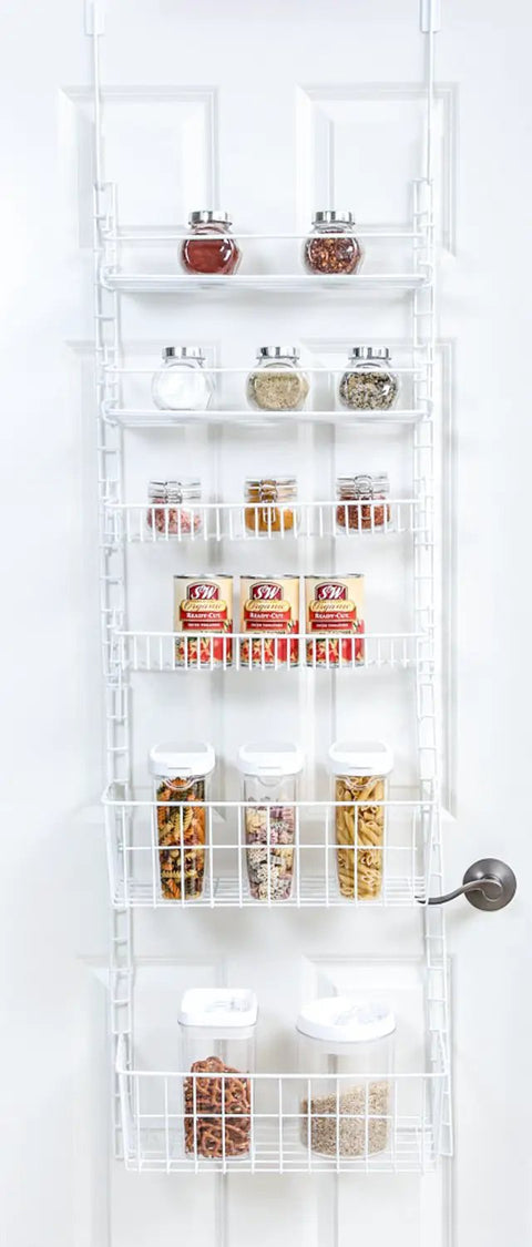 Over The Door Pantry Organizer Rack With Six Adjustable Shelves, white steel, loaded with jars and containers on white door
