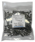 No 10 X 1 Stainless Steel Pan Head Sheet Metal Screws Full Thread Phillips Drive Bright Finish Self Tapping 100 Count