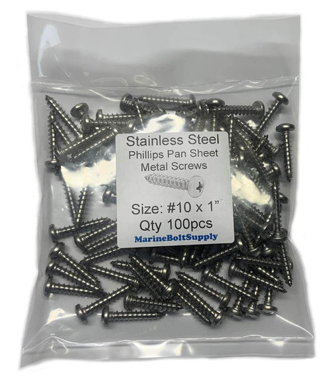 No 10 X 1 Stainless Steel Pan Head Sheet Metal Screws Full Thread Phillips Drive Bright Finish Self Tapping 100 Count