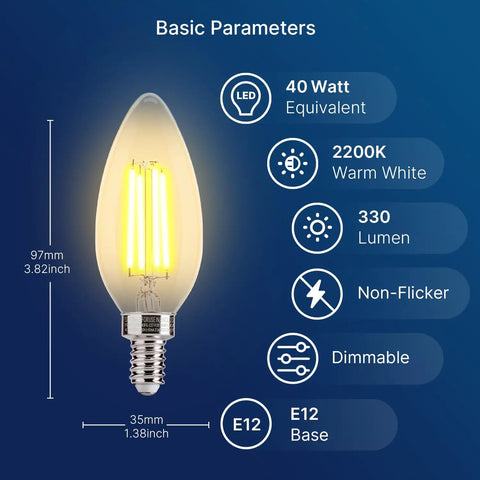 LED Candelabra Bulbs 40W Equivalent B11 E12 Small Base Chandelier Bulbs, 2200K Warm White, Dimmable, 330Lm, Amber Glass Finish.