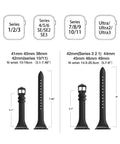 Size guide for Killer Genuine Leather Watch Strap Compatible With Apple Watch For Women showing fit dimensions for different models.