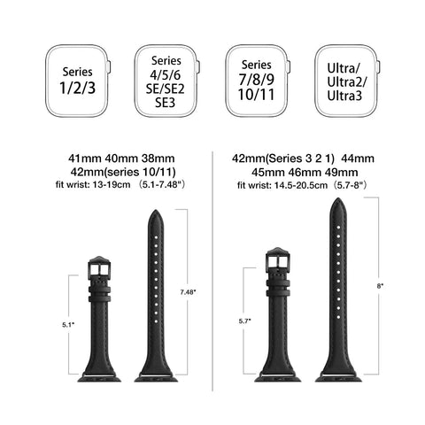 Size guide for Killer Genuine Leather Watch Strap Compatible With Apple Watch For Women showing fit dimensions for different models.