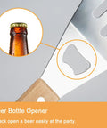 Close-up of 4 Piece Stainless Steel BBQ Grill Utensil Set With Wood Handles showing slotted turner with bottle opener feature