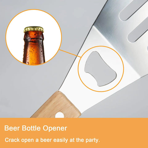 Close-up of 4 Piece Stainless Steel BBQ Grill Utensil Set With Wood Handles showing slotted turner with bottle opener feature