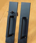 Heavy Duty Rectangular Gate Thumb Latch With Dead Simple Two Way Throw Rock Solid Steel Construction And Smooth Black Powder Coat Exterior, two pieces with handles and latch.