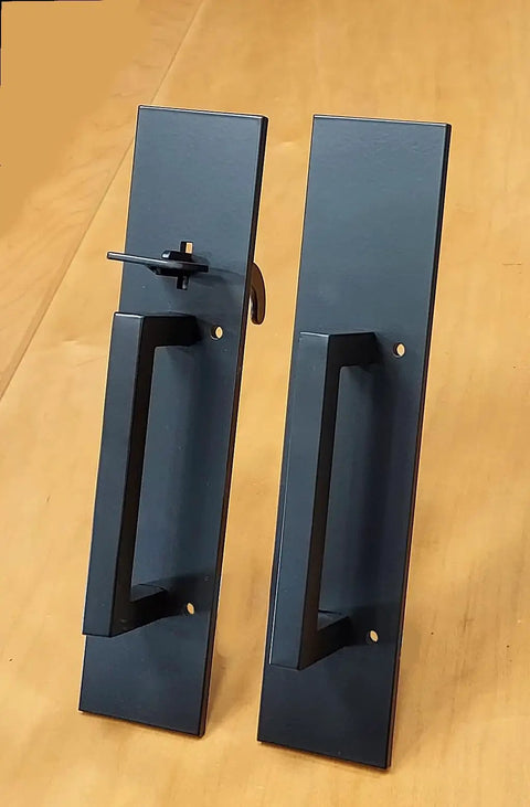Heavy Duty Rectangular Gate Thumb Latch With Dead Simple Two Way Throw Rock Solid Steel Construction And Smooth Black Powder Coat Exterior, two pieces with handles and latch.