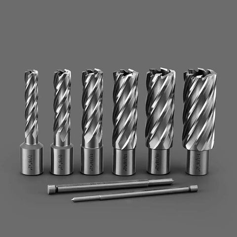 Real Deal 3/4 Inch Annular Cutter Set With Weldon Shank Includes Six Heavy Duty High Speed Steel Hole Saws for magnetic drills.