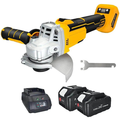 No Fuss Brushless Cordless Angle Grinder With Clear Digital Speed Dial For Sharp Cutting And Silky Smooth Polishing Fits Standard 18V Packs, includes two 4.0Ah batteries.