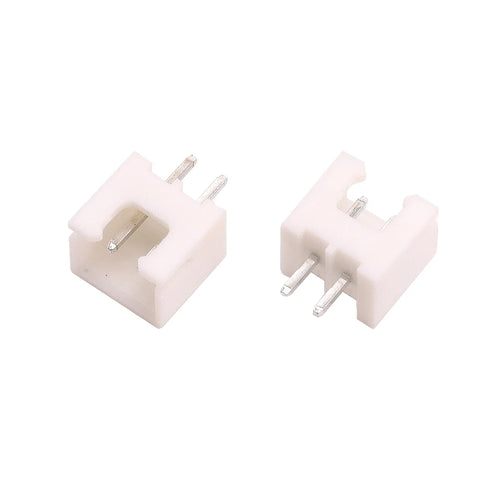Premium XH2.54 2 Pin Male Female Wire Connector Kit showing two white connectors with tinned copper pins for electronics setup.