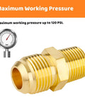 Brass half-union gas adapter fitting, 1/2 in flare x 3/8 in NPT male, two-piece, close-up