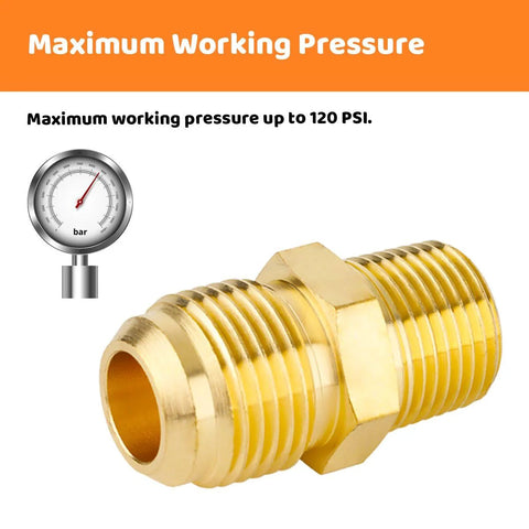 Brass half-union gas adapter fitting, 1/2 in flare x 3/8 in NPT male, two-piece, close-up