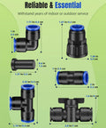 20 Piece Quick Connect Drip Irrigation Fittings Kit For 1/2 Inch Tubing With Tees and Elbows, Size Chart Display