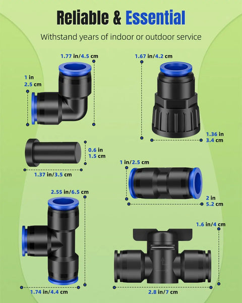 20 Piece Quick Connect Drip Irrigation Fittings Kit For 1/2 Inch Tubing With Tees and Elbows, Size Chart Display