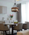 Farmhouse Chandelier For Dining Room And Kitchen Island, 5 Light Rustic Round Wood And Metal Lighting Fixture in modern kitchen