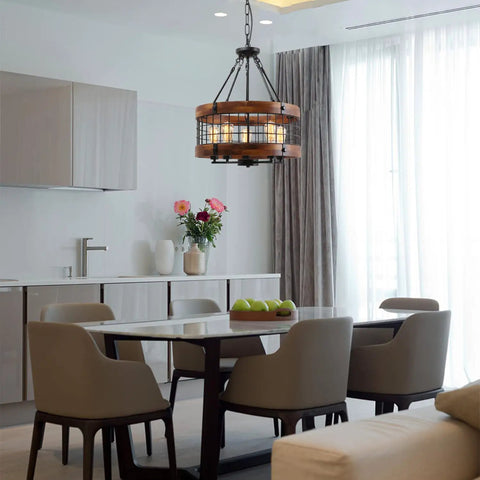 Farmhouse Chandelier For Dining Room And Kitchen Island, 5 Light Rustic Round Wood And Metal Lighting Fixture in modern kitchen