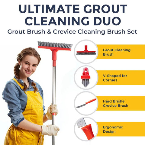 Person holding Grout Cleaning Powerhouse With Long Handle V Shaped Scrub Brush And Telescopic Grip Handy Handheld Stiff Bristle Scrubber