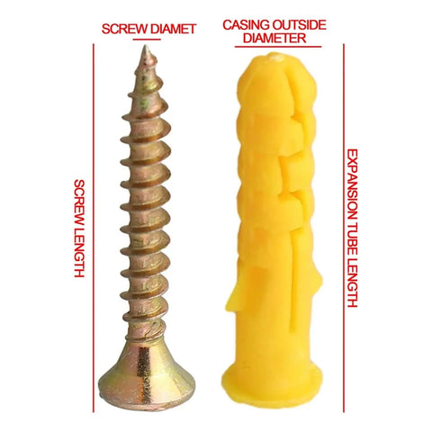 Self Tapping Screws Kit 200Pcs M8x40 M6x30 With Drywall Wall Anchors Yellow Zinc Plated Carbon Steel Built To Last No Pre Drill Needed Easy Install For Heavy Duty Shelves TV Mounts DIY Friendly screw and anchor size diagram