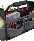 15 Inch Collapsible Tool Tote Bag With 14 Exterior Pockets, Foam Padded Handle, Interior Webbed Loops, And Tubular Steel Frame For Easy Carry In Grey And Black Worksite Organizer filled with tools.
