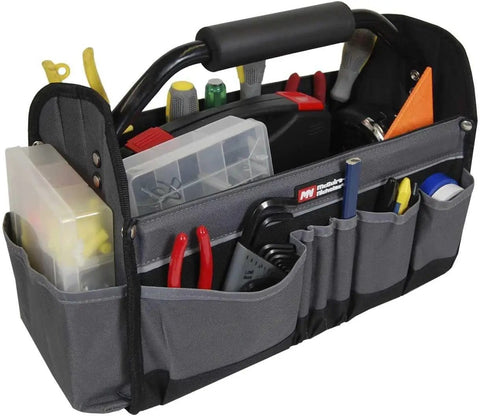 15 Inch Collapsible Tool Tote Bag With 14 Exterior Pockets, Foam Padded Handle, Interior Webbed Loops, And Tubular Steel Frame For Easy Carry In Grey And Black Worksite Organizer filled with tools.