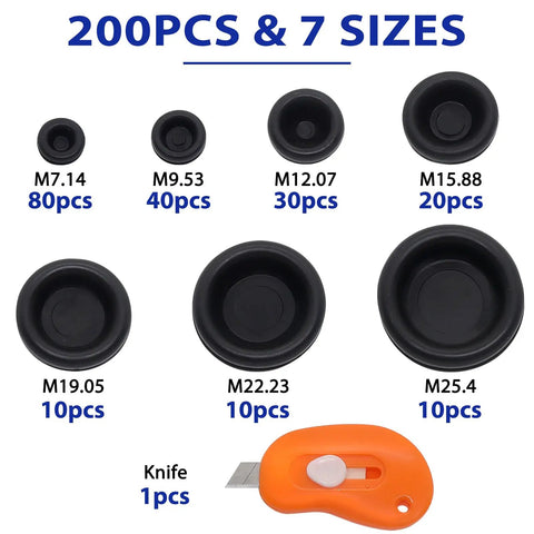 Top Drawer Rubber Grommets With Flame Resistant Cable Hole Plugs For Wire Wrangling And Electrical Upgrades In Seven Sizes displayed with 200pcs.