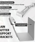 Image showing components of a Five Inch Gutter Hangers Kit With Pre Installed Quick Screws Gutter Clips Hidden Bracket And One Quarter Inch Hex Drill Bit. Text highlights features such as thread grooves and ribbed design for strength.