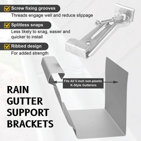 Image showing components of a Five Inch Gutter Hangers Kit With Pre Installed Quick Screws Gutter Clips Hidden Bracket And One Quarter Inch Hex Drill Bit. Text highlights features such as thread grooves and ribbed design for strength.