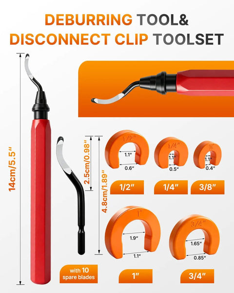 Slick 17 Piece Plumbing Kit With Depth Gauge And Pipe Deburring Tool For Sharkbite Push Fit Fittings Including Steel Blades For Copper Pvc Pex Cpvc with disconnect clip tools.