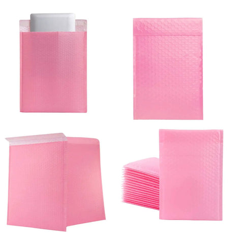 Pink Bubble Mailers 4x6 Inches 25 Pack Padded Self Seal Envelopes showing stacked and open views for shipping protection.