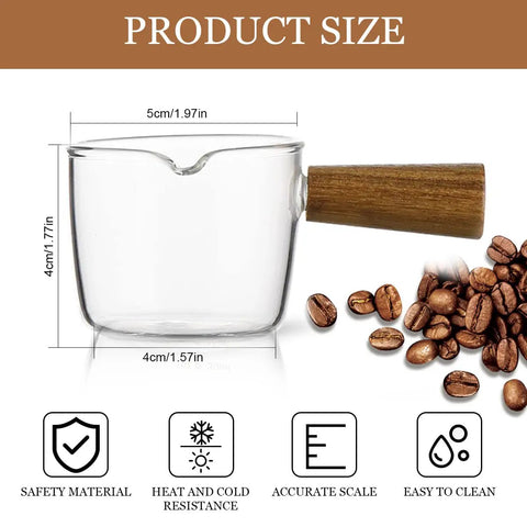 Single Spout Espresso Shot Glass With Wood Handle Measuring Cup Set, 75 Ml Two Pack, Borosilicate Glass with coffee beans