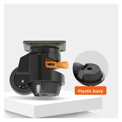 Heavy Duty Retractable Leveling Caster Engineered To Support 2200 Lbs Smoothly Includes A Snap Action Ratchet Lever, plastic base view.