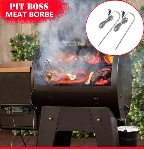 Pellet grill with meat cooking, showing Two Pack Temp Meat Probe Replacements For Pellet Grills And Smokers For Your Grill Squad.