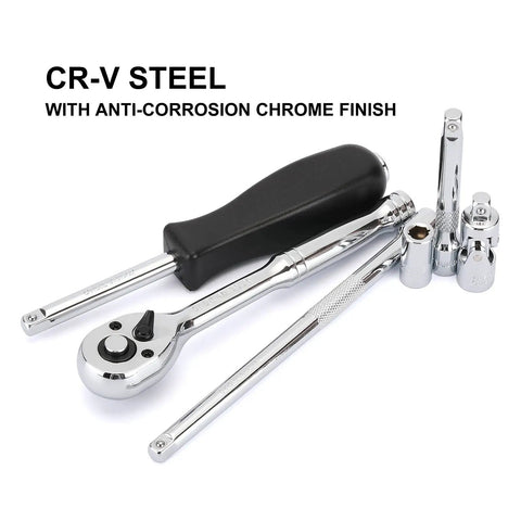 One Quarter Inch Drive Socket Set With Ratchet Adapters Extensions And Bits SAE And Metric Sizes From 4mm To 14mm Chrome Vanadium With Mirror Finish And 72 Tooth Ratchet, showing tools with CR-V steel and anti-corrosion chrome finish.