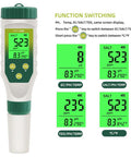 Close-up of 5 In 1 Water Tester With LCD Backlit showing function switching for pH, TDS, EC, salt, and temperature readings.