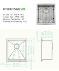 Image of kitchen sink dimensions and diagram; not the Undermount Bar Sink 13x15 Inches 16 Gauge Stainless Steel Deep Basin Nine Inch Depth With Three And A Half Inch Drain For Garbage Disposal Built Like A Boss For Small Home Bars And Kitchen Prep.