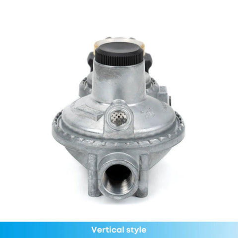Front view of a metallic propane regulator with vertical body, black adjustment knob, and 3/8 in NPT outlet.