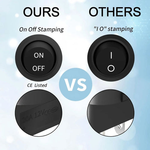Comparison of 12V Round Rocker Switch On Off SPST Prewired 2 Pin DC Power Toggle with different stampings, CE listed vs others.