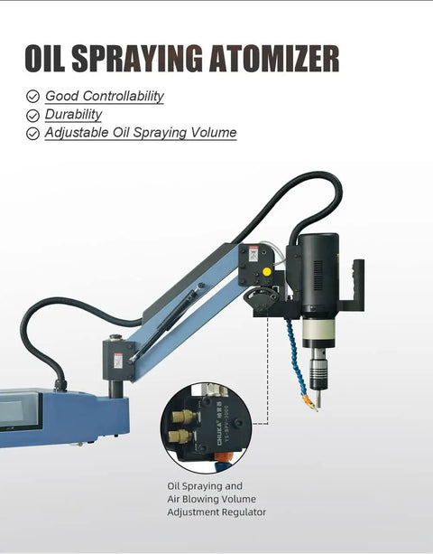 Oil spraying atomizer attached to a flexible rig with adjustable oil volume for 1200W Electric Tapping Machine for M4 to M24 holes.