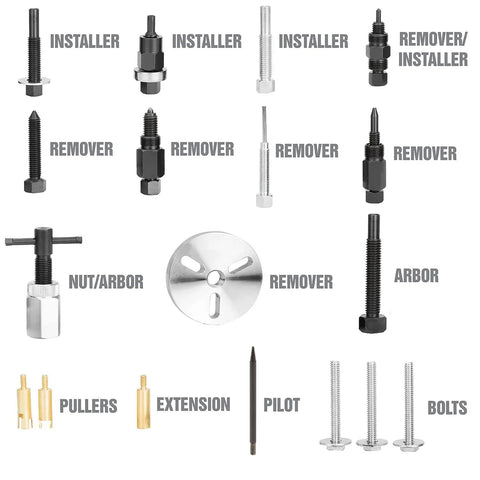AC Clutch Tool Kit For Ford GM Chrysler Removes And Installs Pressed On Clutches And AC Compressor Clutch Kit layout