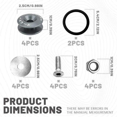 Universal Car Bumper Quick Release Clips Fasteners Kit Four Piece Aluminum Alloy With Rubber O Ring For Front And Rear Bumpers Includes Screws And Holders No Tools Needed For Quick Trunk Access, showing product dimensions and components.