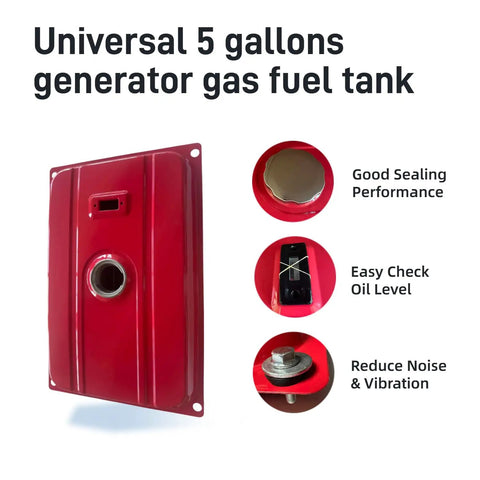 Universal 5 Gallon Generator Fuel Tank With Built In Gauge for Honda EC2500, shown flat with sealing features and gauge close-ups
