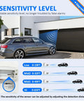 Wireless Driveway Alarm System Weatherproof Motion Sensor With Plug In Receiver And Loud Chimes Outdoor Security Alert for vehicles and pets, sensitivity levels shown
